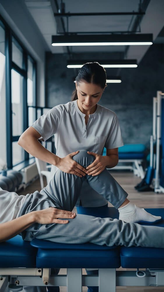 Physiotherapist assessing knee movement